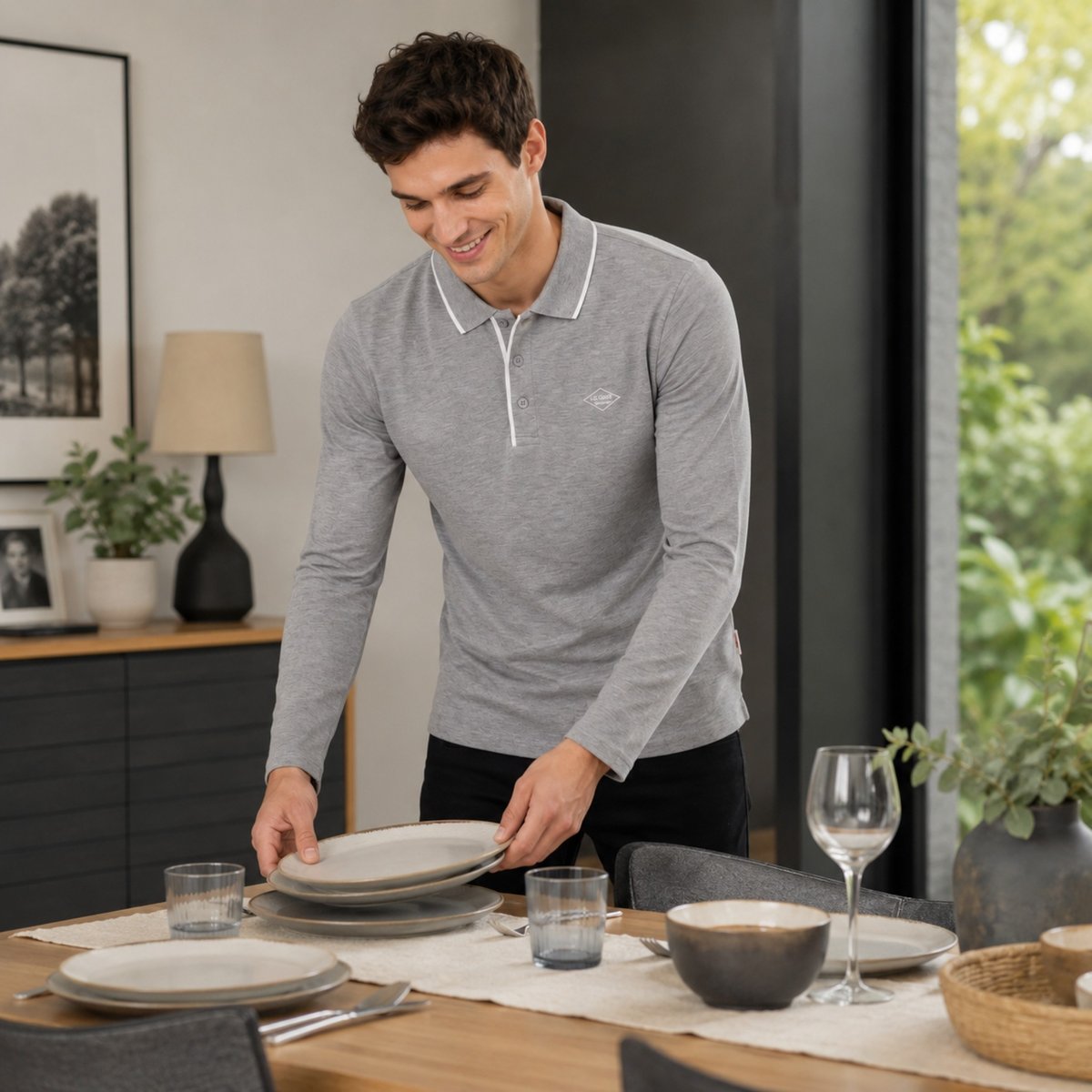 Polo manches longues, patte de boutonnage CLUB HOUSE gris, LEE COOPER