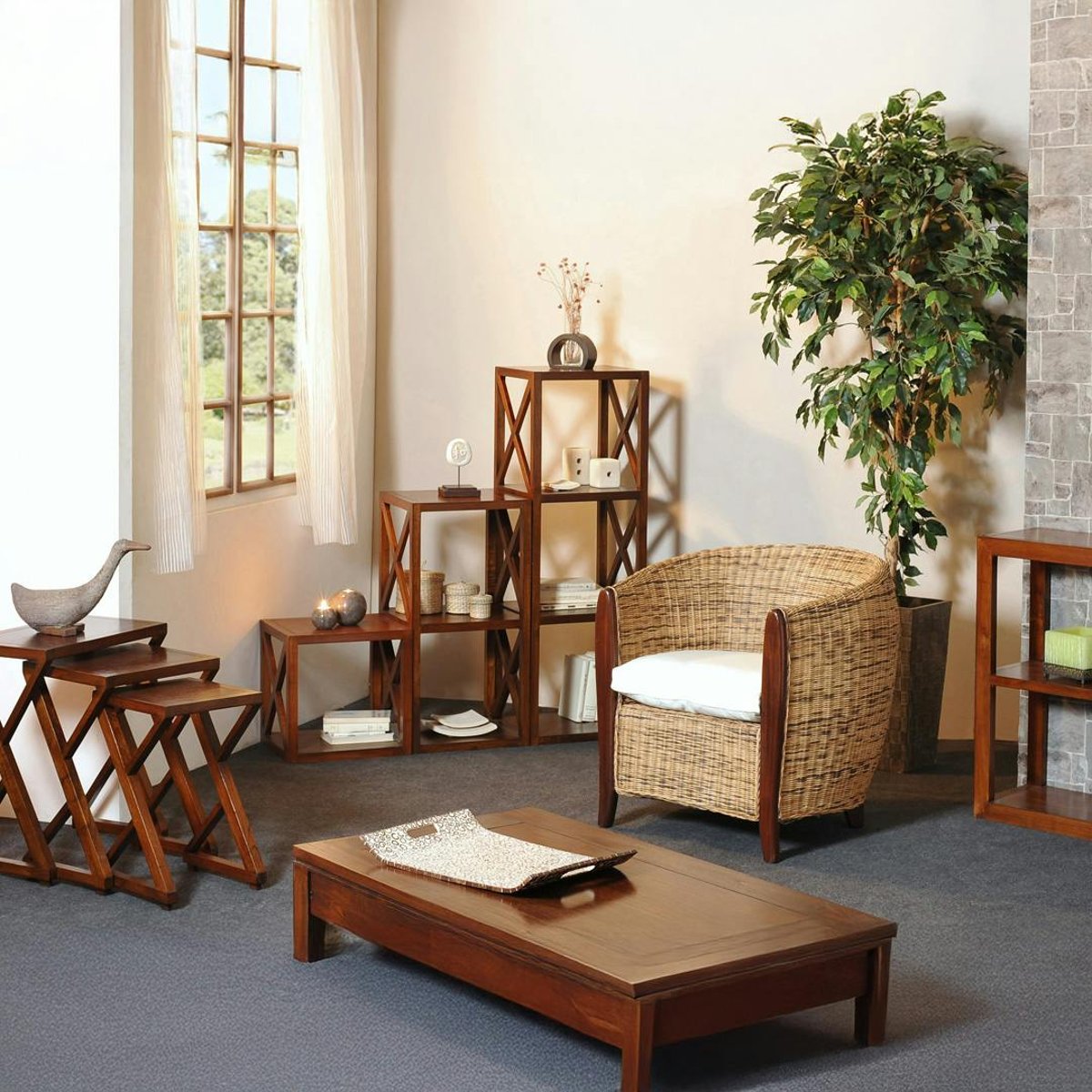 Étagère - meuble d'appoint 2 niveaux 80cm bois verni style exotique LOLA bois naturel, PIER IMPORT