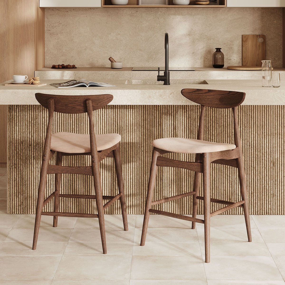 Lot de 2 chaises pour ilot central 63,5 cm en tissu et bois d'hévéa - JOSETTE beige, MAISON PAVANE