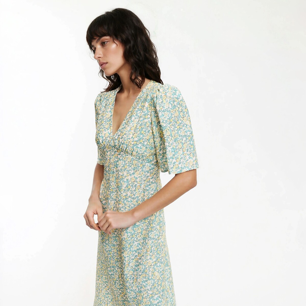 Robe midi col V manches courtes imprimé floral imprimé fleur multicolore, LA REDOUTE COLLECTIONS