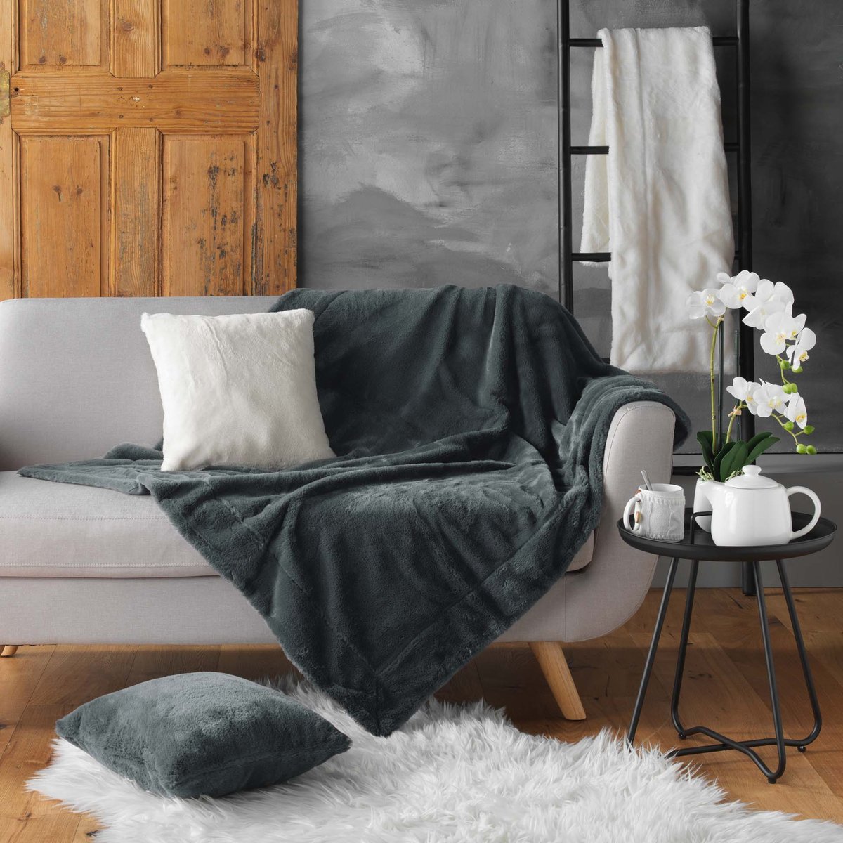 Plaid a poils doux Caresses anthracite, EDEN