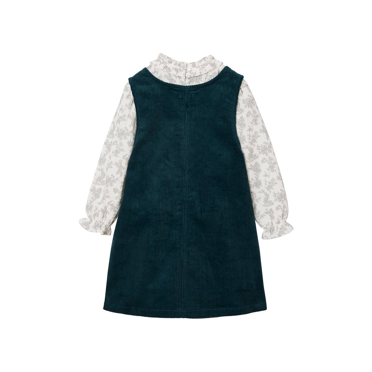 Ensemble robe chasuble en velours et blouse gaze coton bleu pétrole, VERTBAUDET