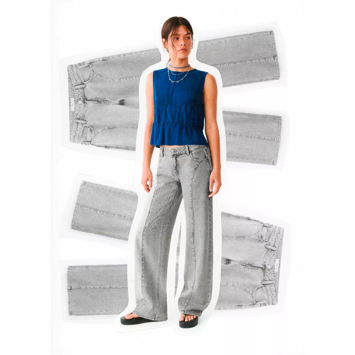 Jean wide leg coutures et clous gris denim, MANGO TEEN