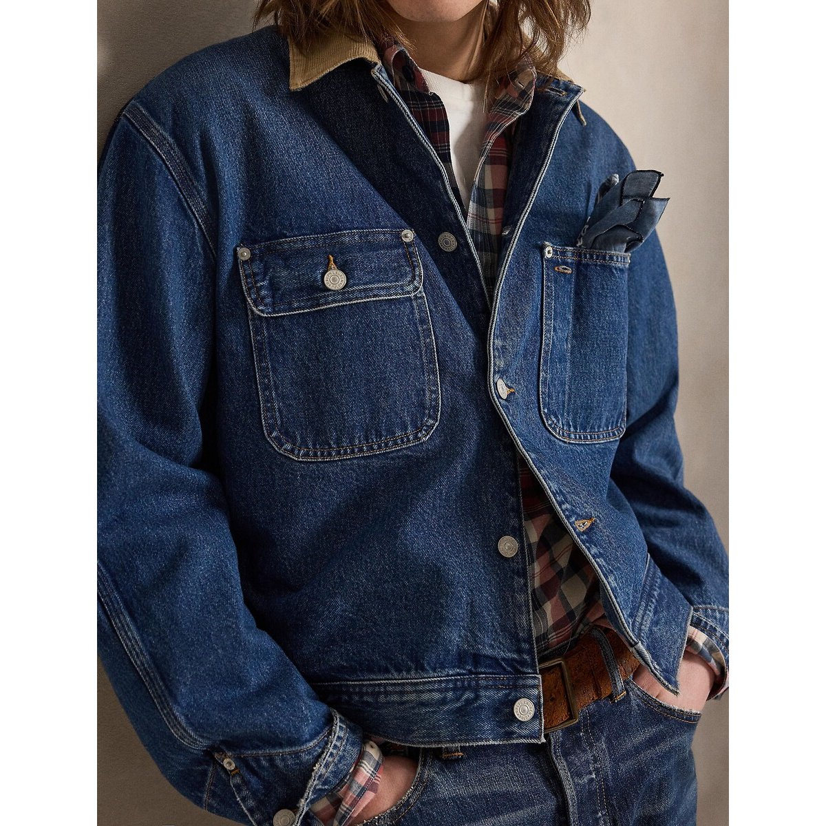 Veste en denim à col en velours côtelé bleu, POLO RALPH LAUREN