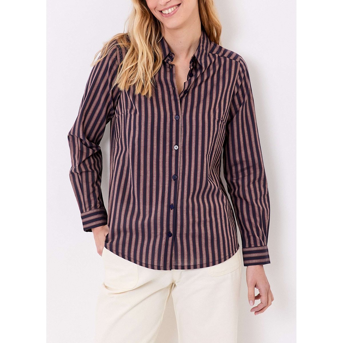 Chemise rayée droite voile de coton bio FEBINY bleu navy, LA FIANCÉE