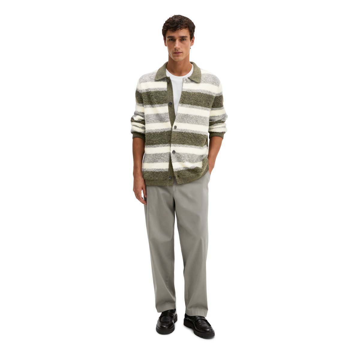 Cardigan en tissu éponge, coupe décontractée en un mélange doux de coton bio et de laine vierge gris, MARC O'POLO