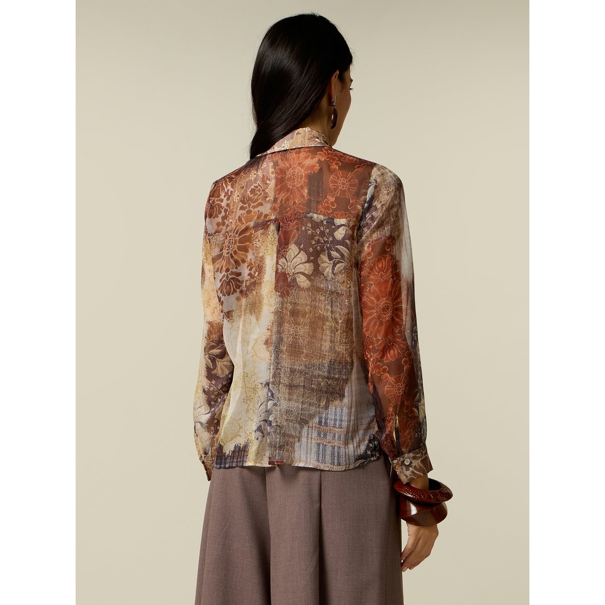 Blouse à imprimé floral avec volants marron, OLTRE
