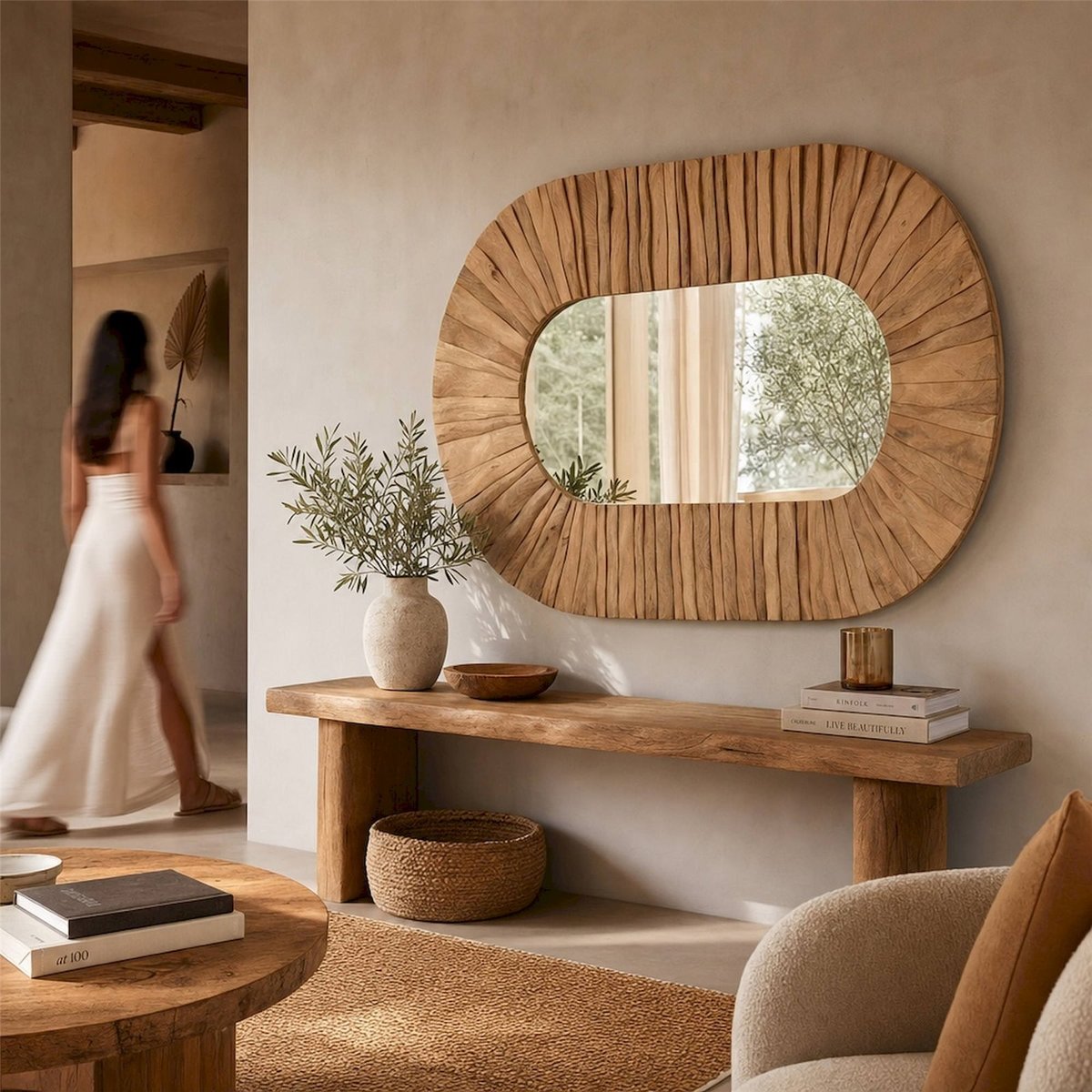 Miroir mural ovale en bois naturel, RECOLLECTION