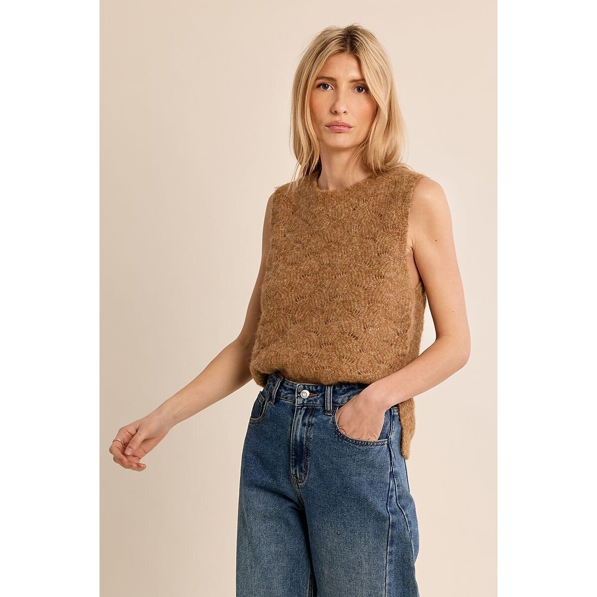 Pull sans manches col rond camel, MOLLY BRACKEN