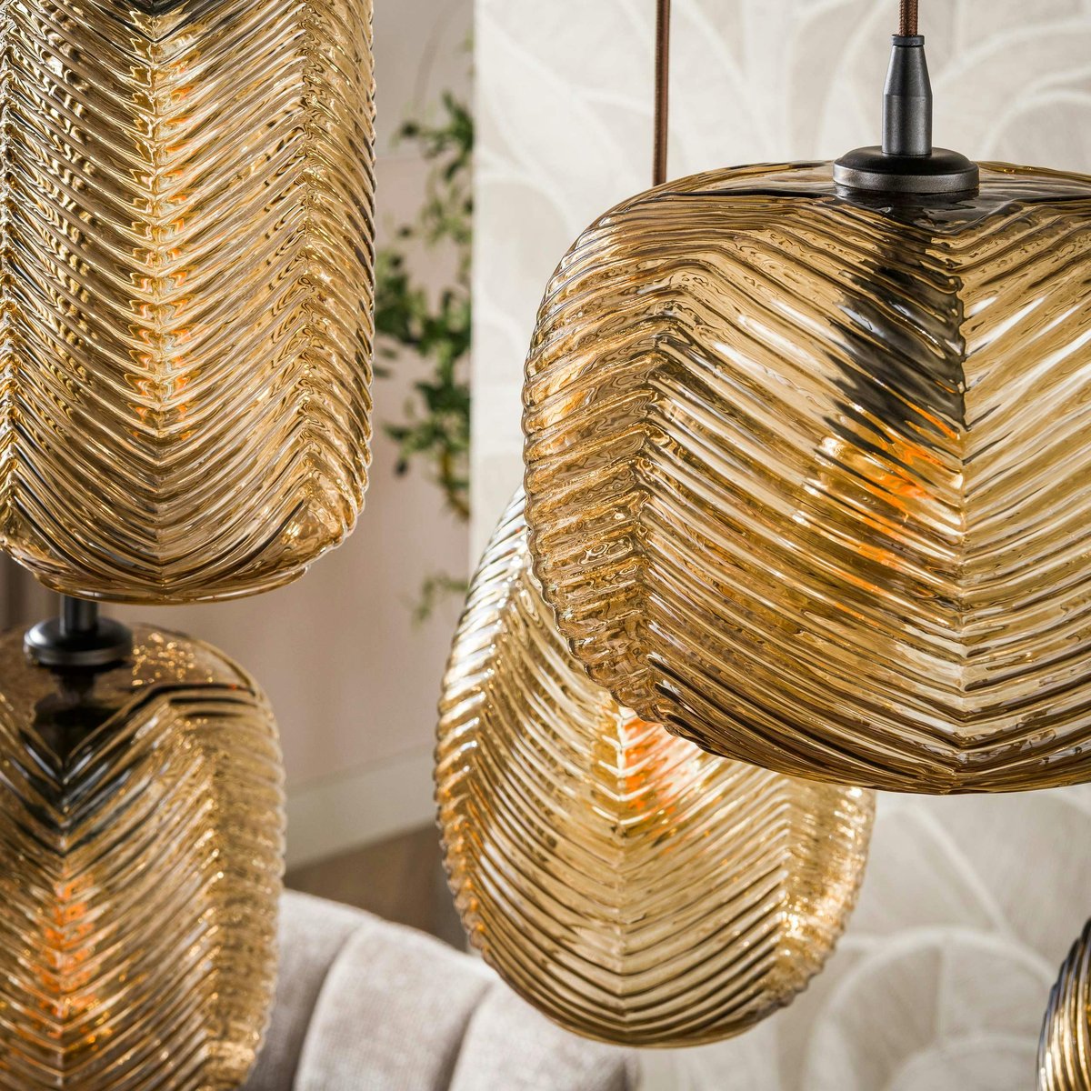 Suspension vintage verre brun fumé chevron 7 lampes NOVA marron, PIER IMPORT
