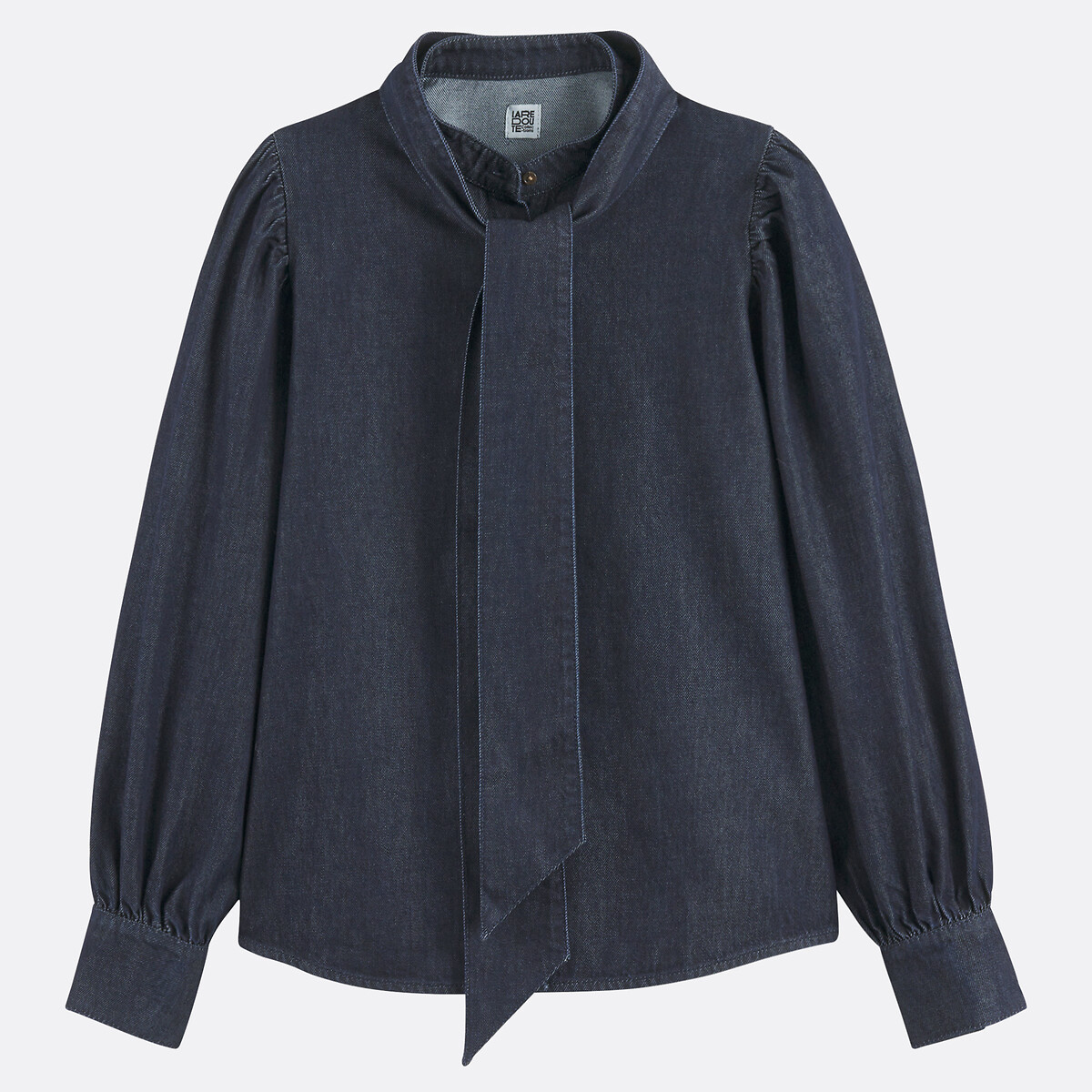 Chemise en denim, col mao, lavallière amovible bleu brut, LA REDOUTE COLLECTIONS