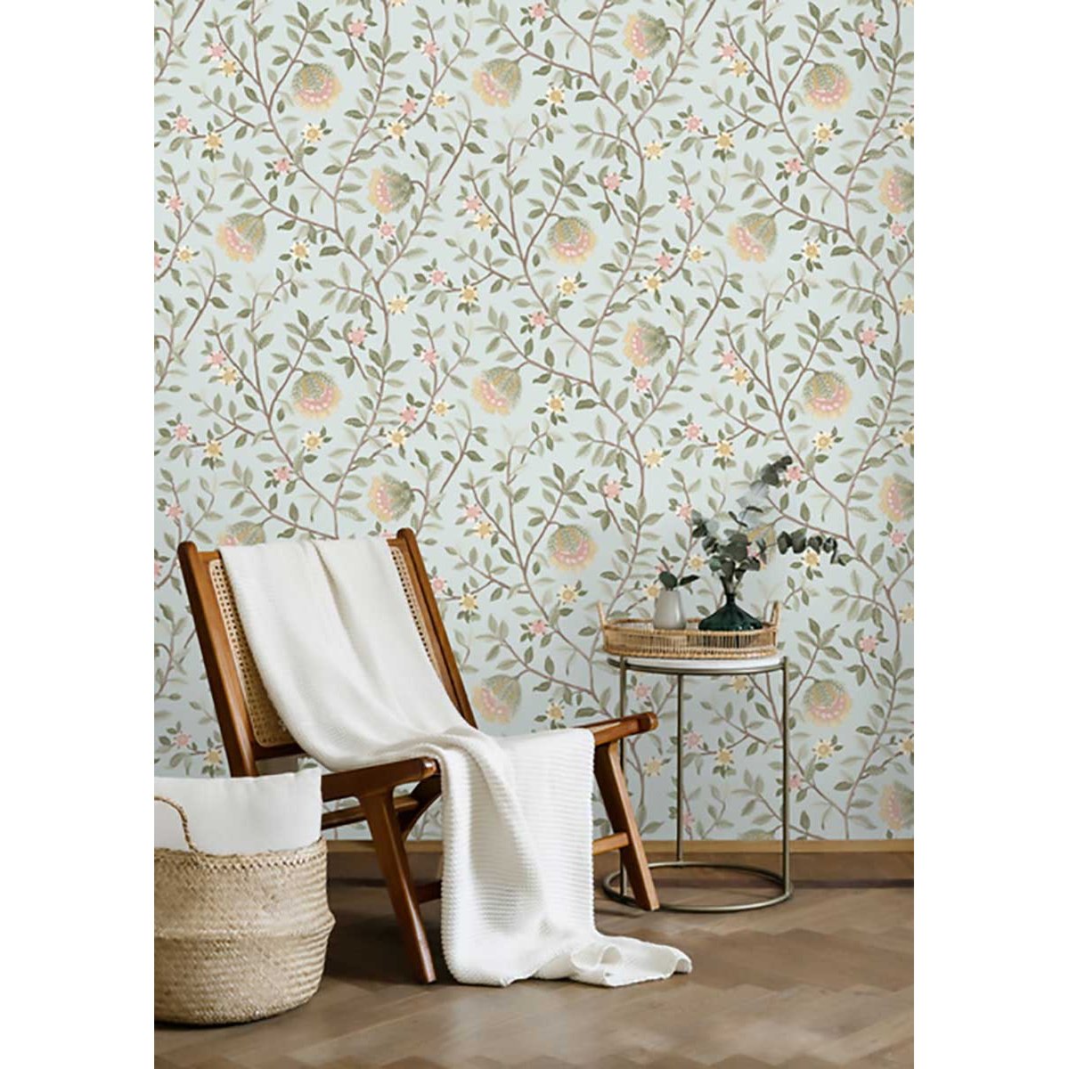 Papier peint fleuri botanique fond bleu glacier bleu, HEXOA