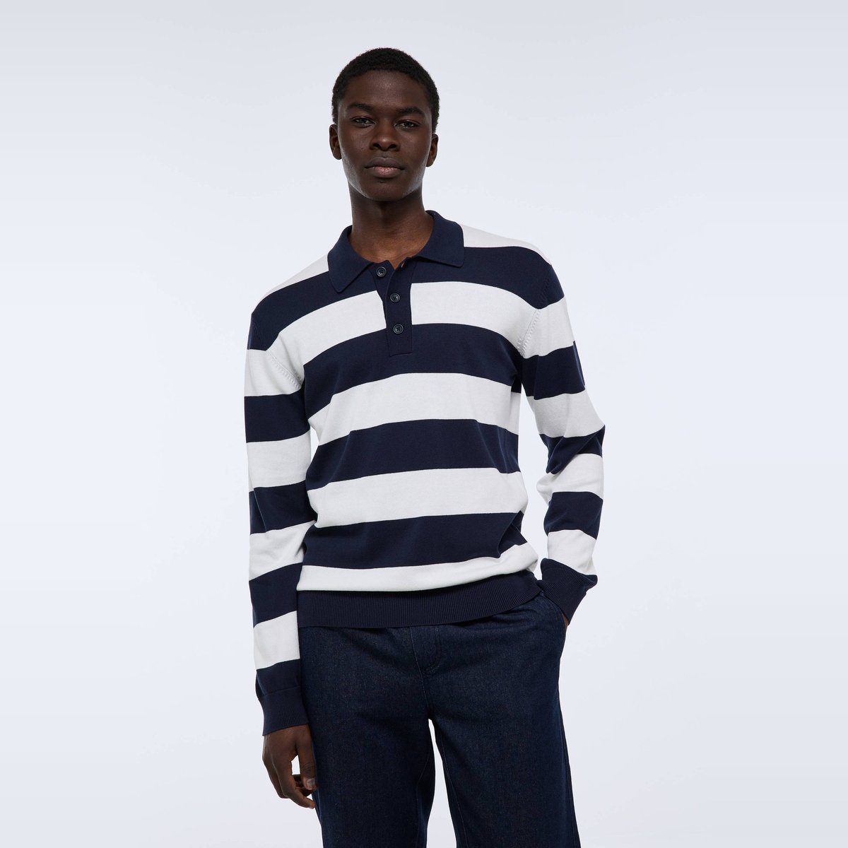 Pull col polo en coton bio GOTS marine, MONOPRIX