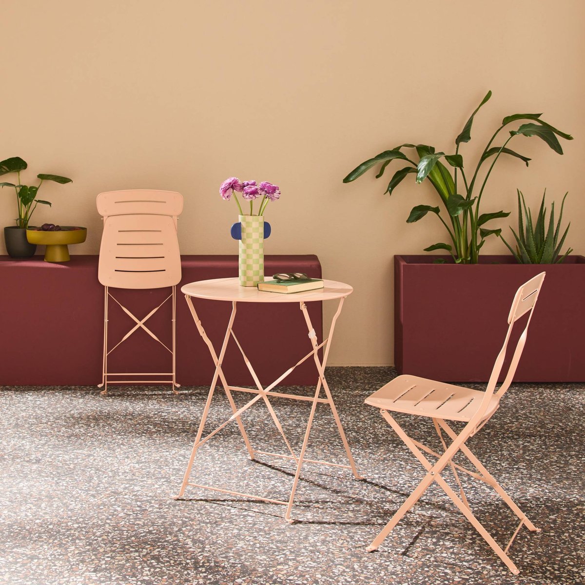 Table de jardin bistrot pliante ronde acier + 2 assises BALCONEA rose, SWEEEK