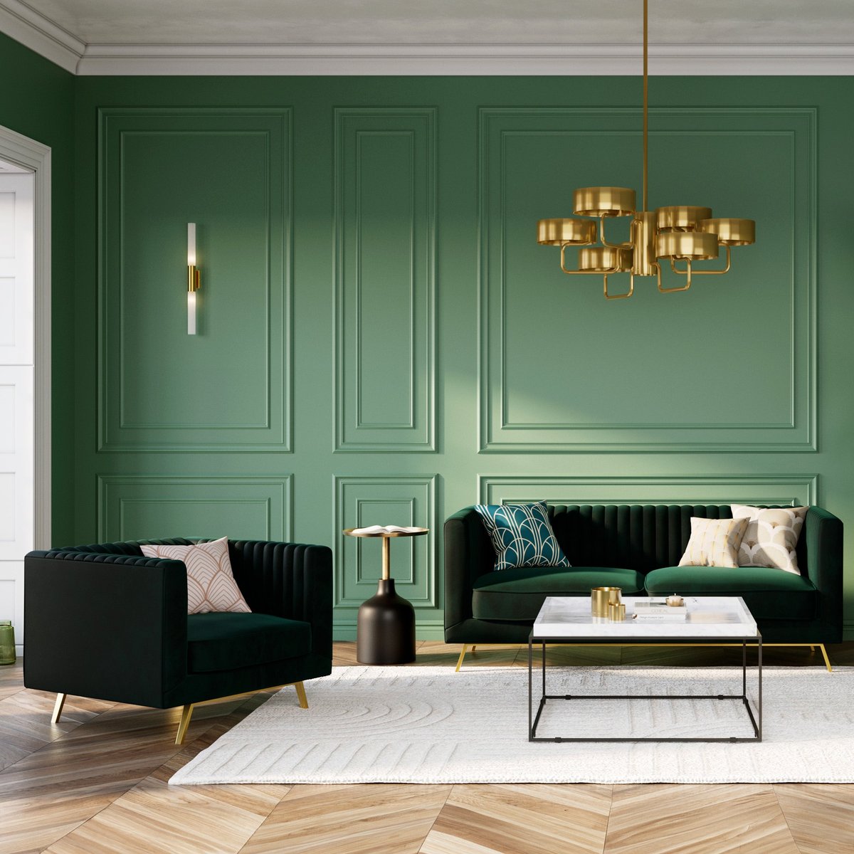 Ensemble canapé et fauteuil en velours 4 places - GATSBY vert, MAISON PAVANE