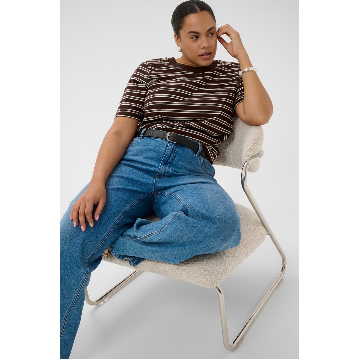 T-shirt à manches courtes marron chocolate brown/chalk stripes, KAFFE CURVE