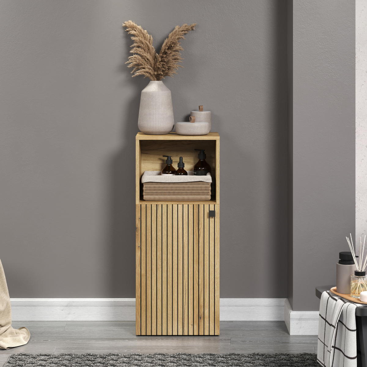 Rangement bas de salle de bain 1 porte et 1 niche L40 cm - PUREBLISS chêne blond et noir mat, CALICOSY