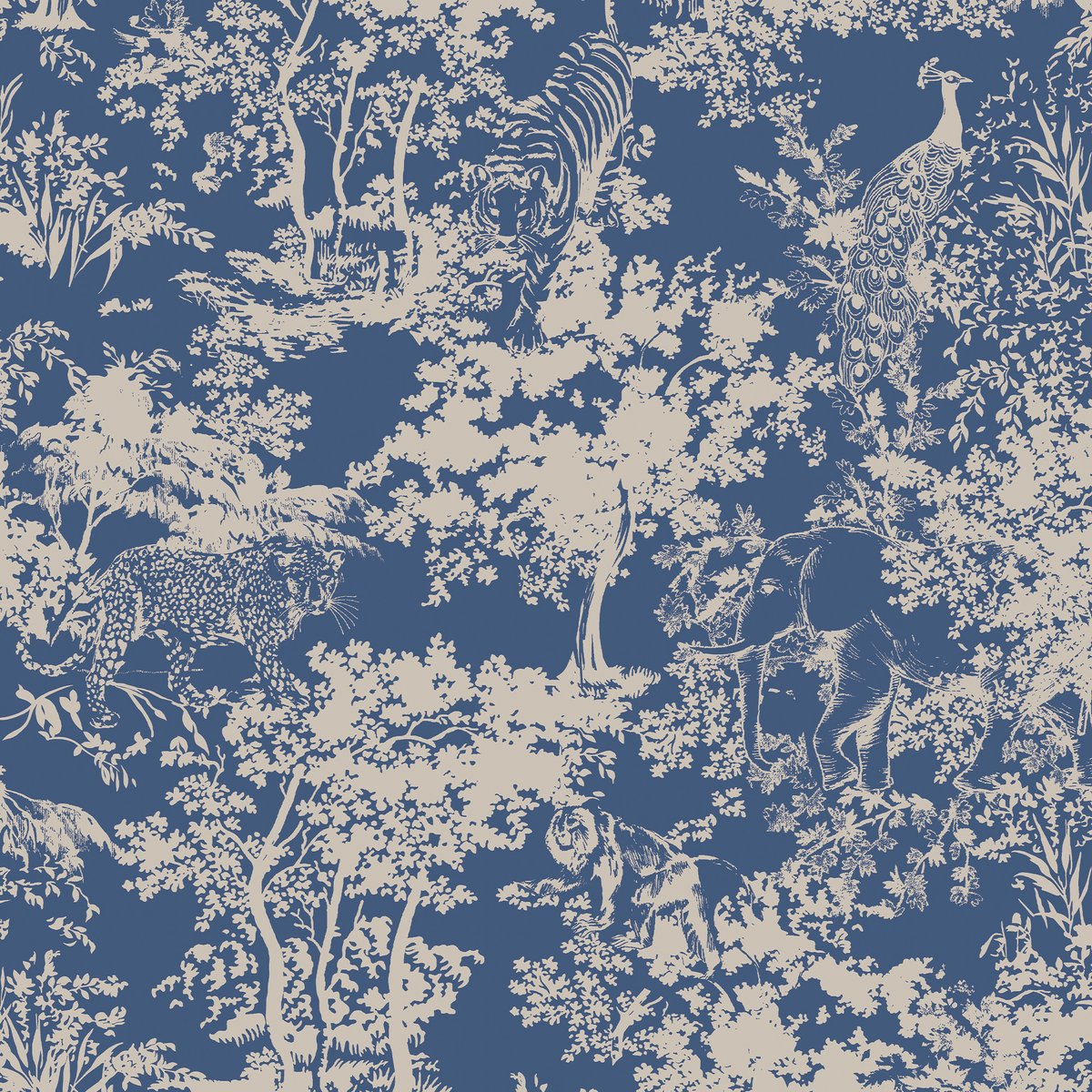 Papier peint Cache cache d'animaux de la brousse bleu, crème, JOULES