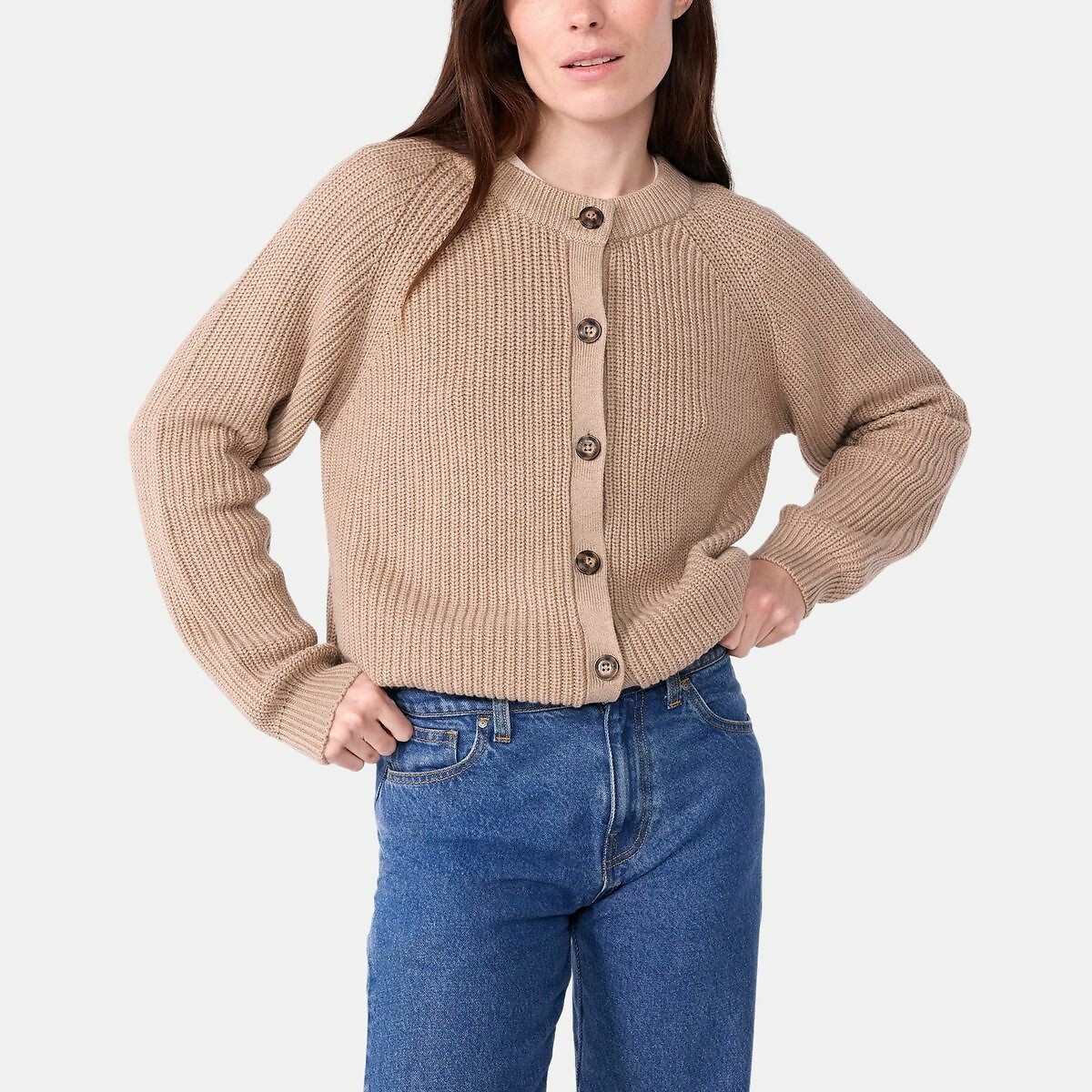 Plain Wool/Cotton Cardigan beige, PETIT BATEAU