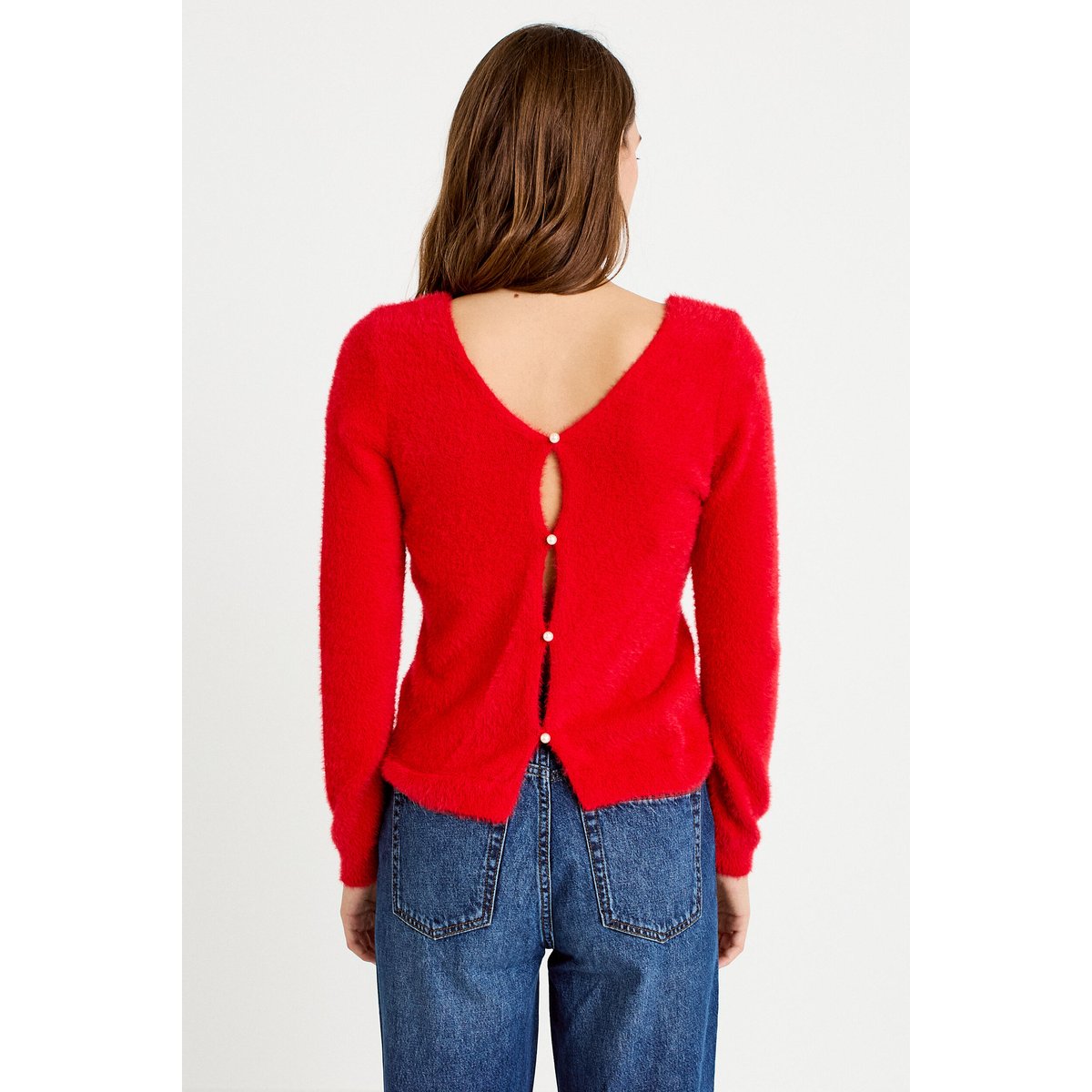 Pull col v manches longues perles rouge, CACHE CACHE