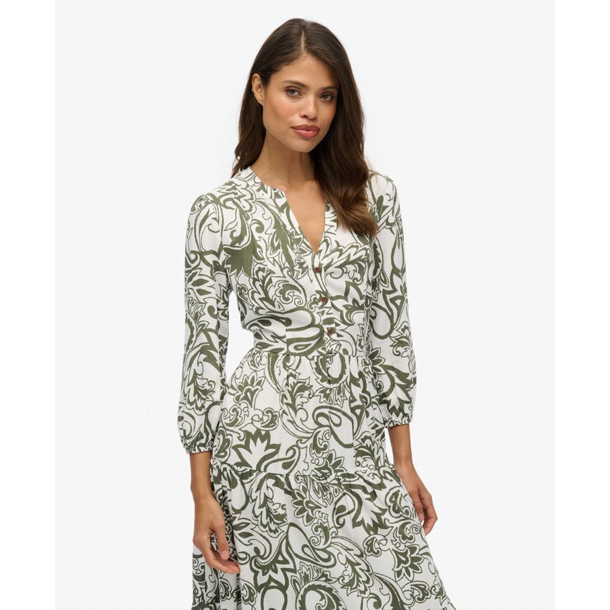 Robe mi-longue tissée à volants cachemire kaki, SUPERDRY