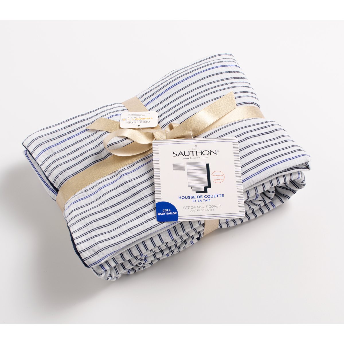 Housse de couette et taie d'oreiller marinière blanc, SAUTHON