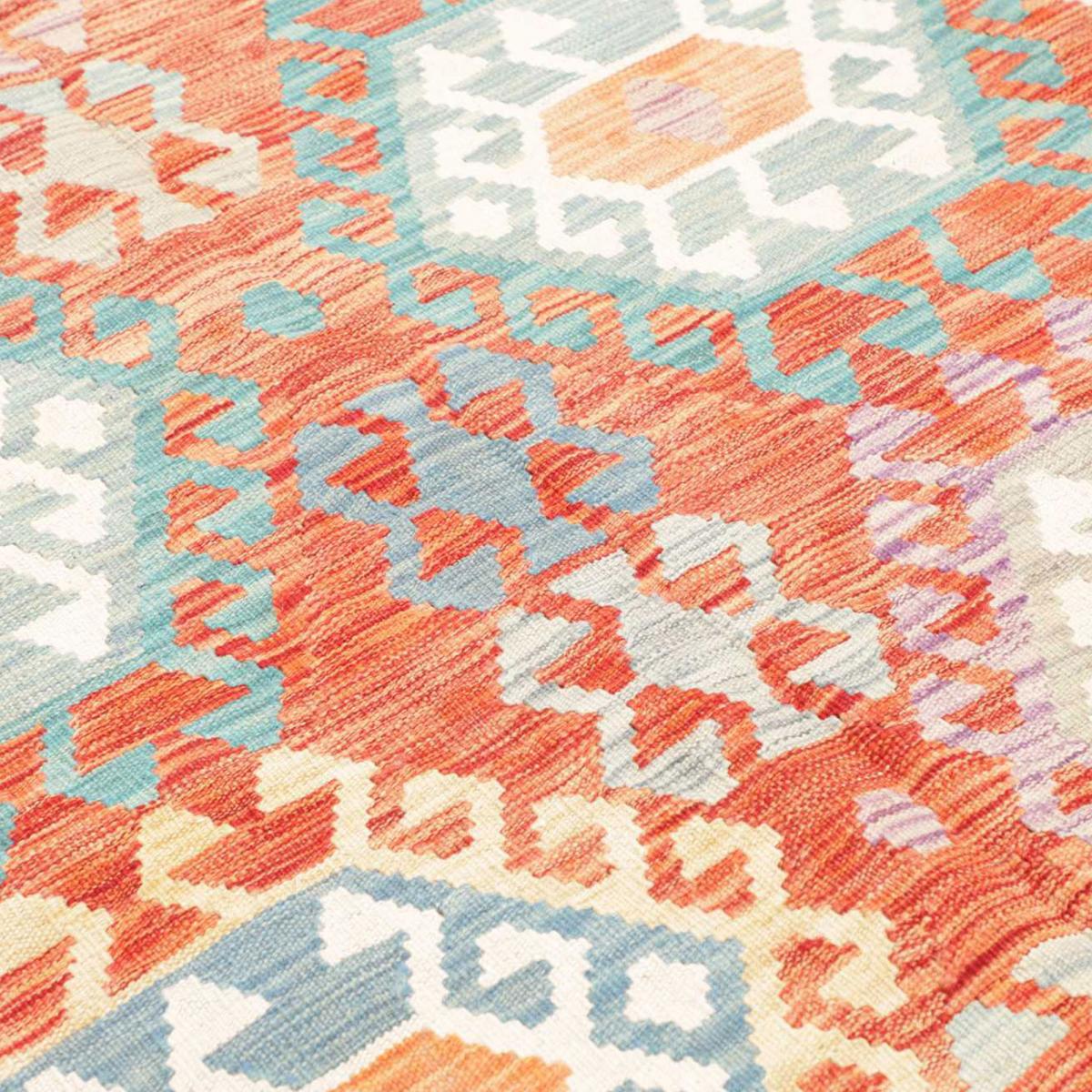 Tapis kilim, motif ethnique, tissage plat artisanal, KILIM 82 multicolore, bleu, orange, UN AMOUR DE TAPIS