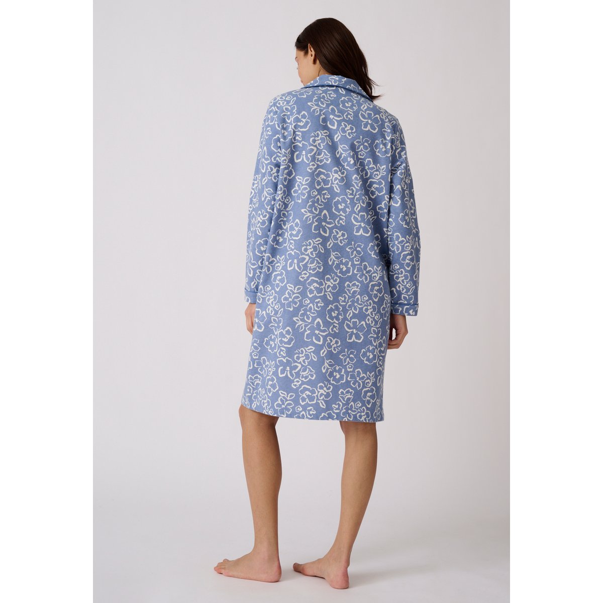 Liquette flanelle en coton manches longues bleu fleuri, DAMART