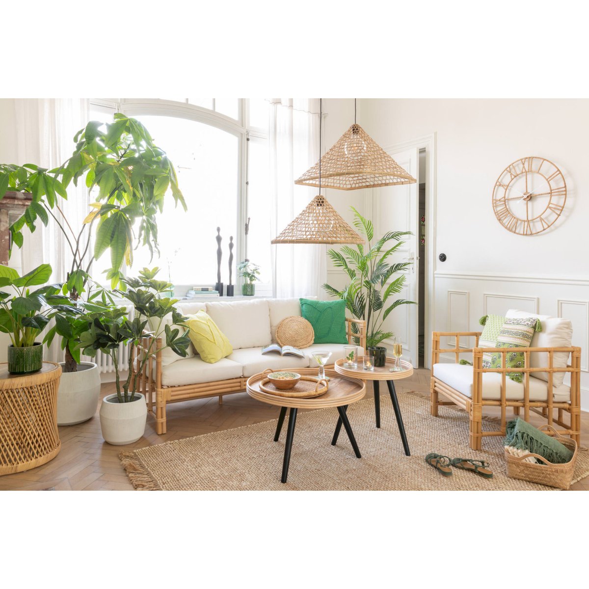Fauteuil en rotin avec coussin pour salon naturel rotin et blanc cassé, RECOLLECTION
