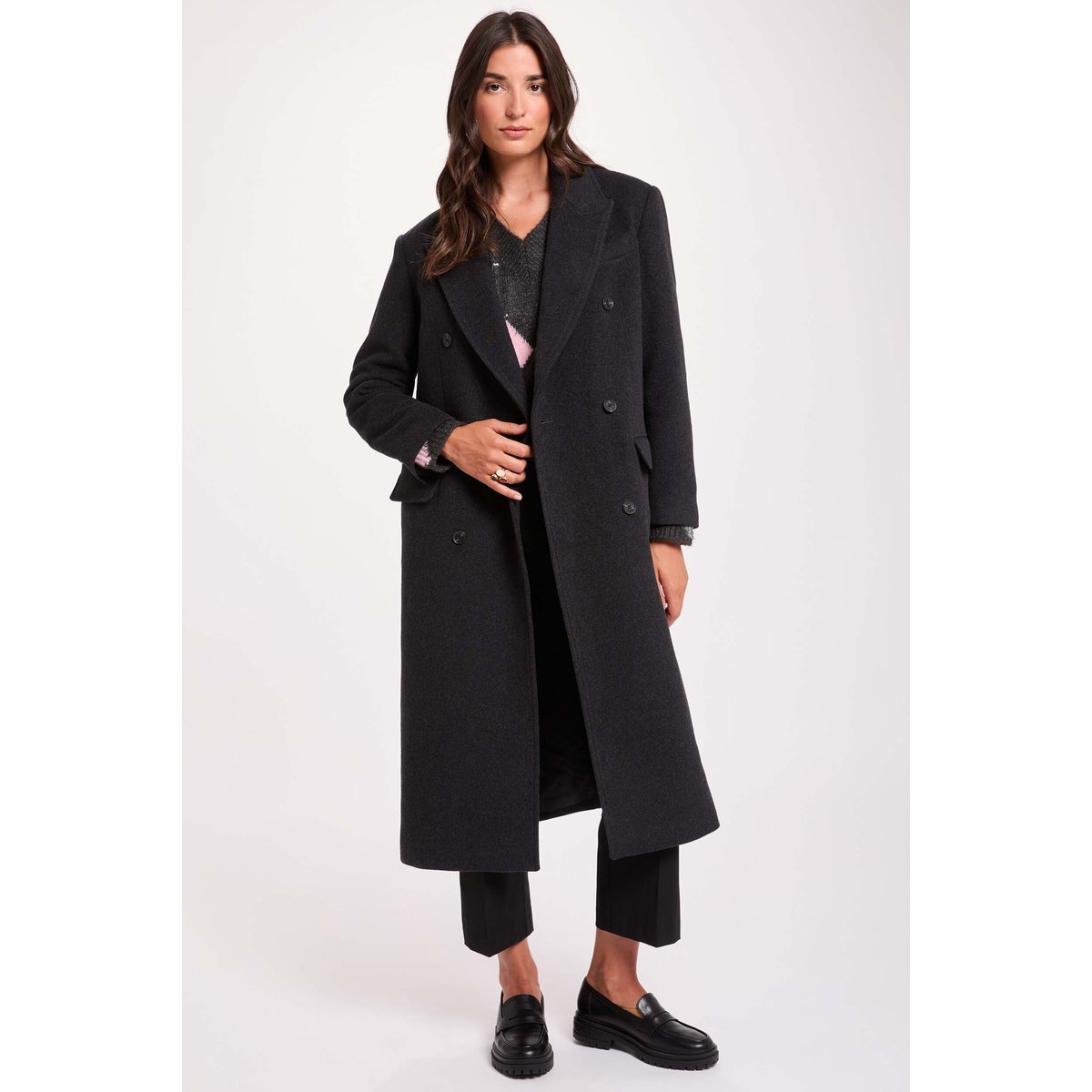 Manteau long col tailleur denim gris fonce, MORGAN