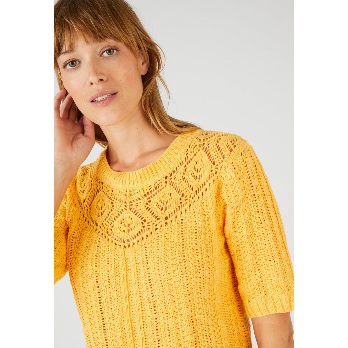 Pull effet crochet jaune orange, DAMART