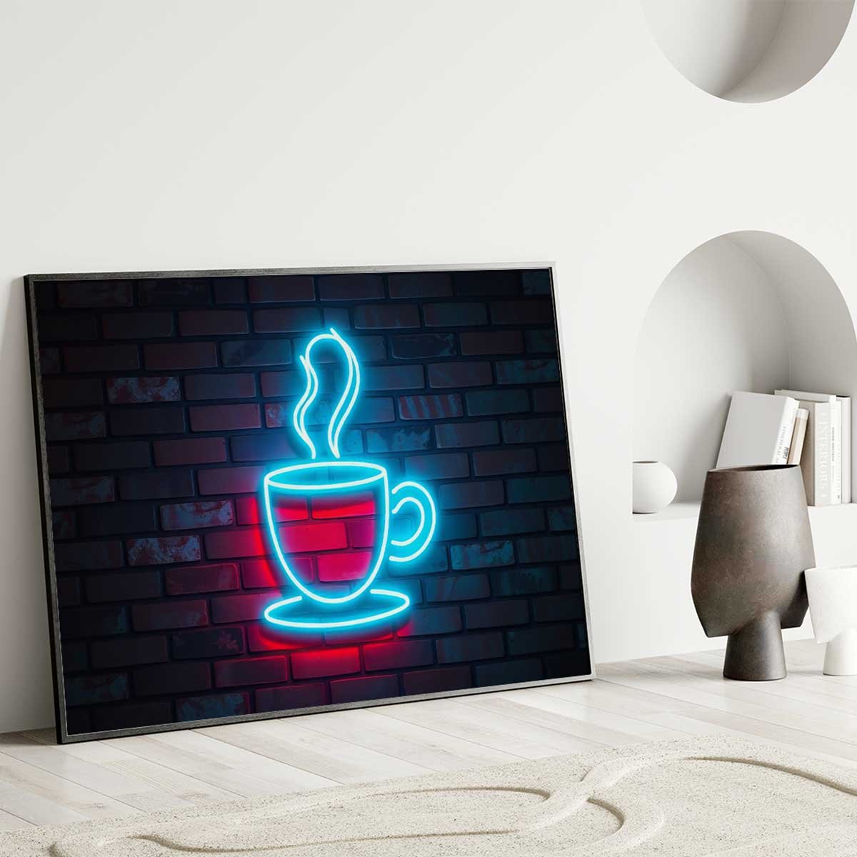 Affiche encadrée affiche tasse néon mur brique affiche + cadre en métal - noir, HEXOA