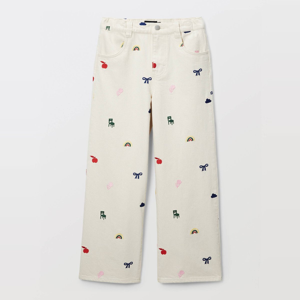 Pantalon large avec broderies en coton naturel, MONOPRIX