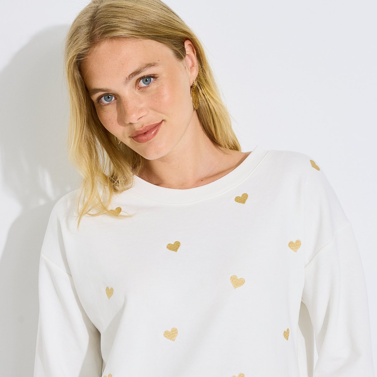 Sweat cœurs brodés blanc cassé ecru, GRAIN DE MALICE