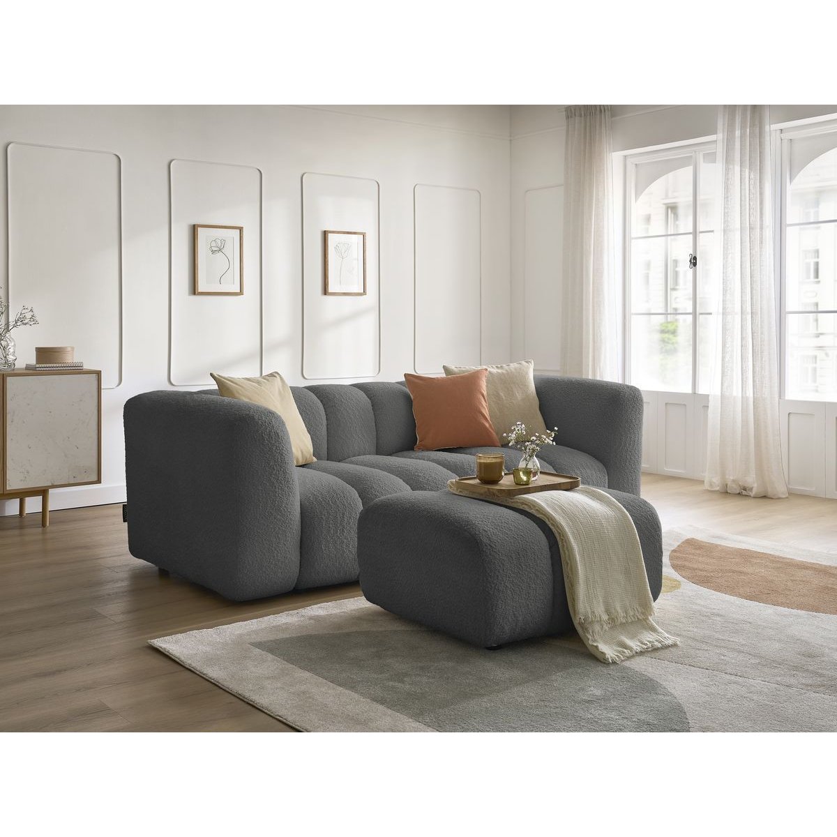 Canapé droit fixe 3 places en tissu bouclette avec pouf, TALIA gris foncé, BOBOCHIC