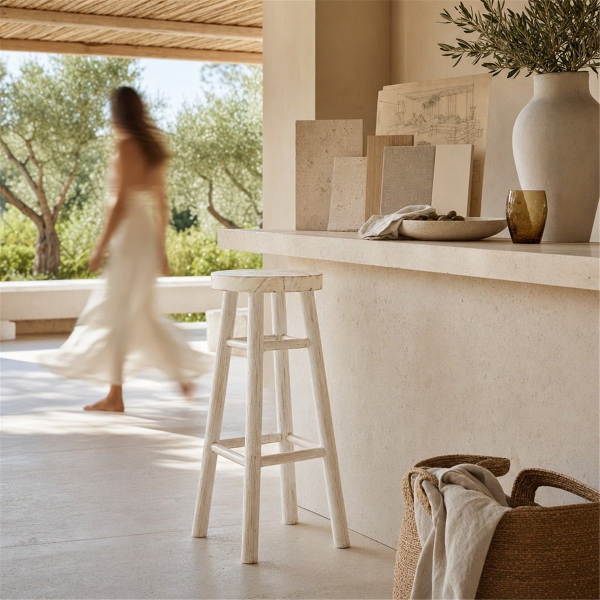 Tabouret haut en teck massif outdoor blanc lavé, RECOLLECTION