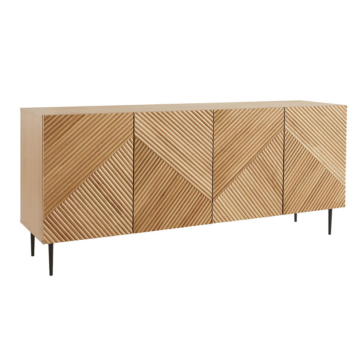 Buffet design en bois chêne massif gravé et métal noir 4 portes L180 cm ARCHIPEL chêne clair, MILIBOO
