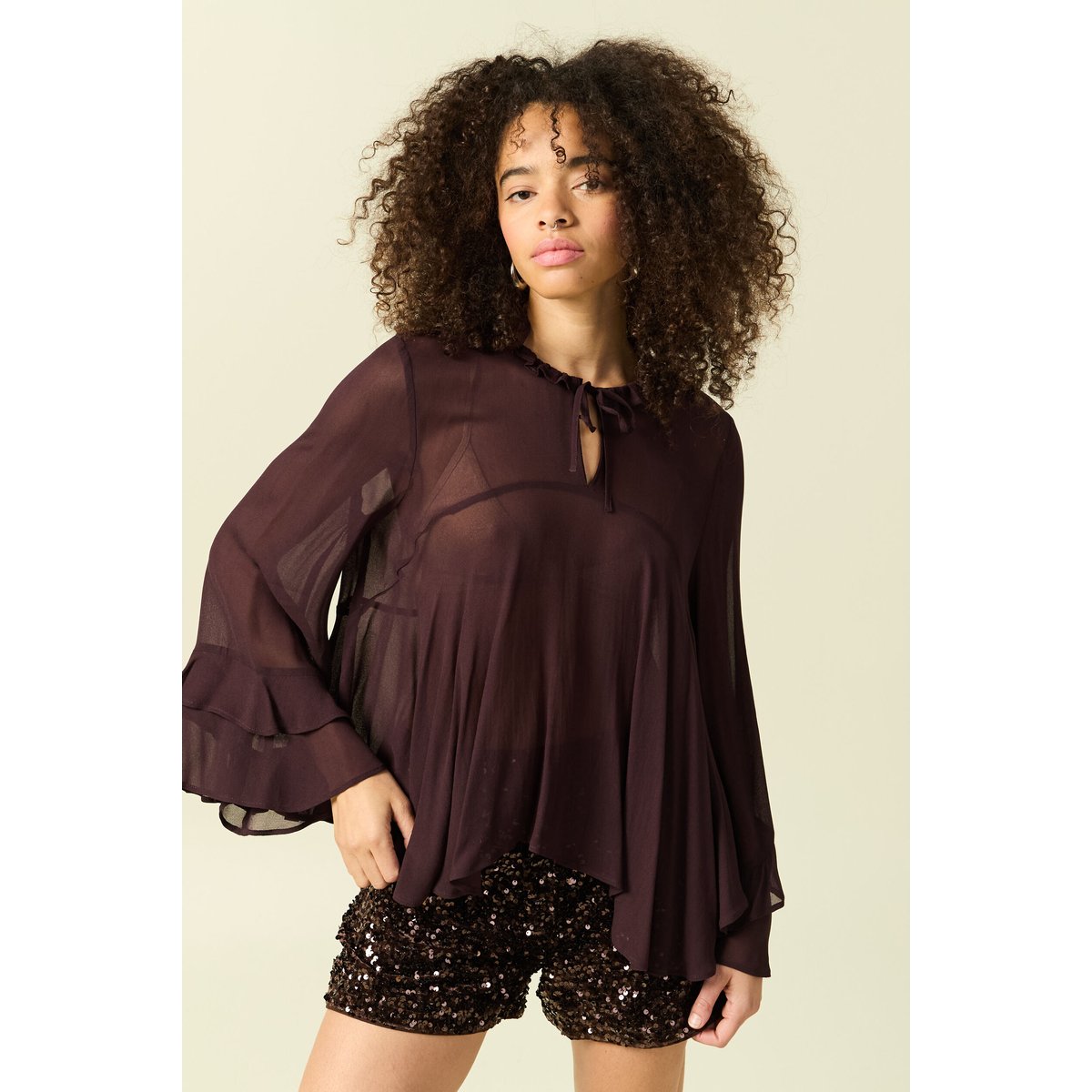 Blouse manches longues col ras de cou marron foncé, BONOBO