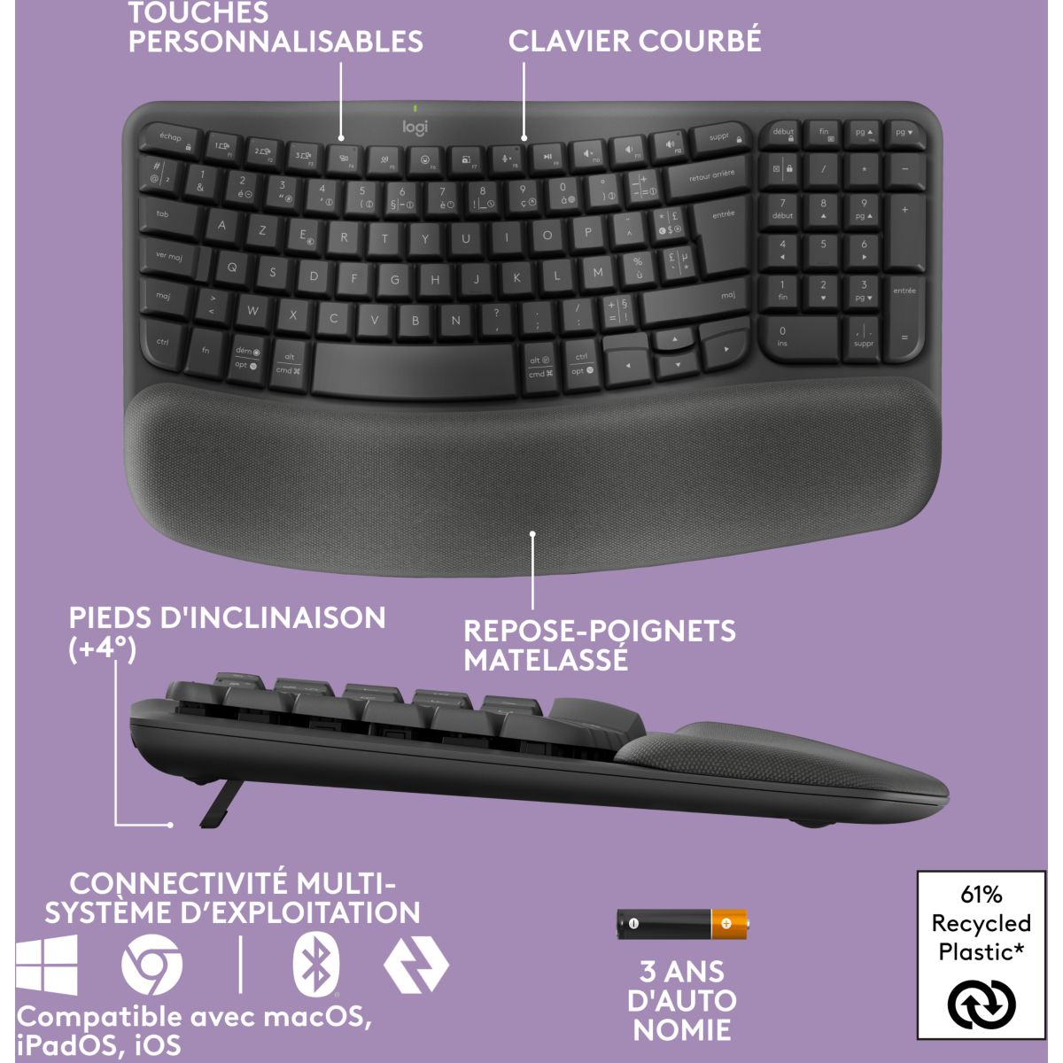 Clavier sans fil Wave Keys ergonomique +  repose poignets couleur unique, LOGITECH