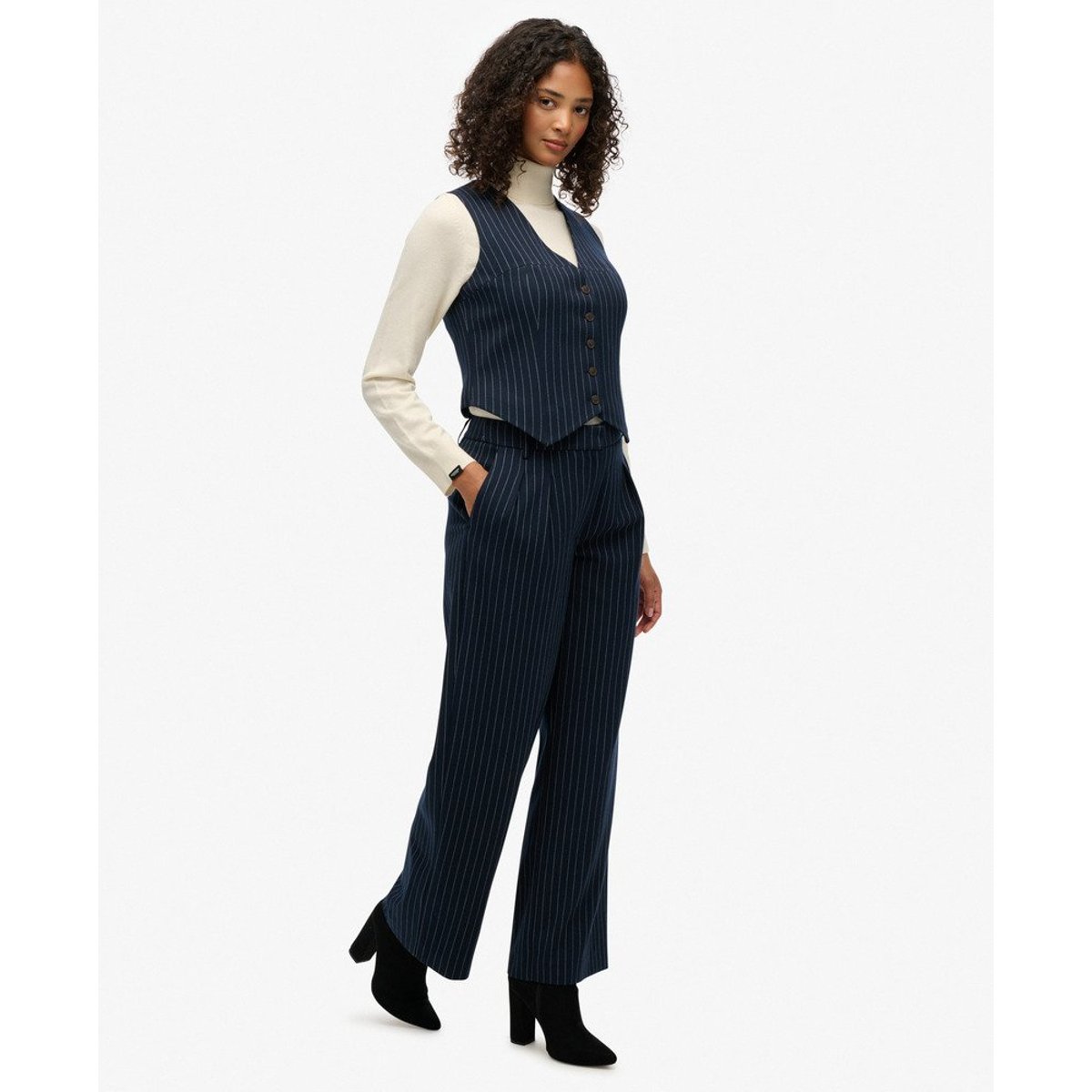 Pantalon Pinstripe Taille Haute Coupe Classique rayures tennis bleu marine, SUPERDRY