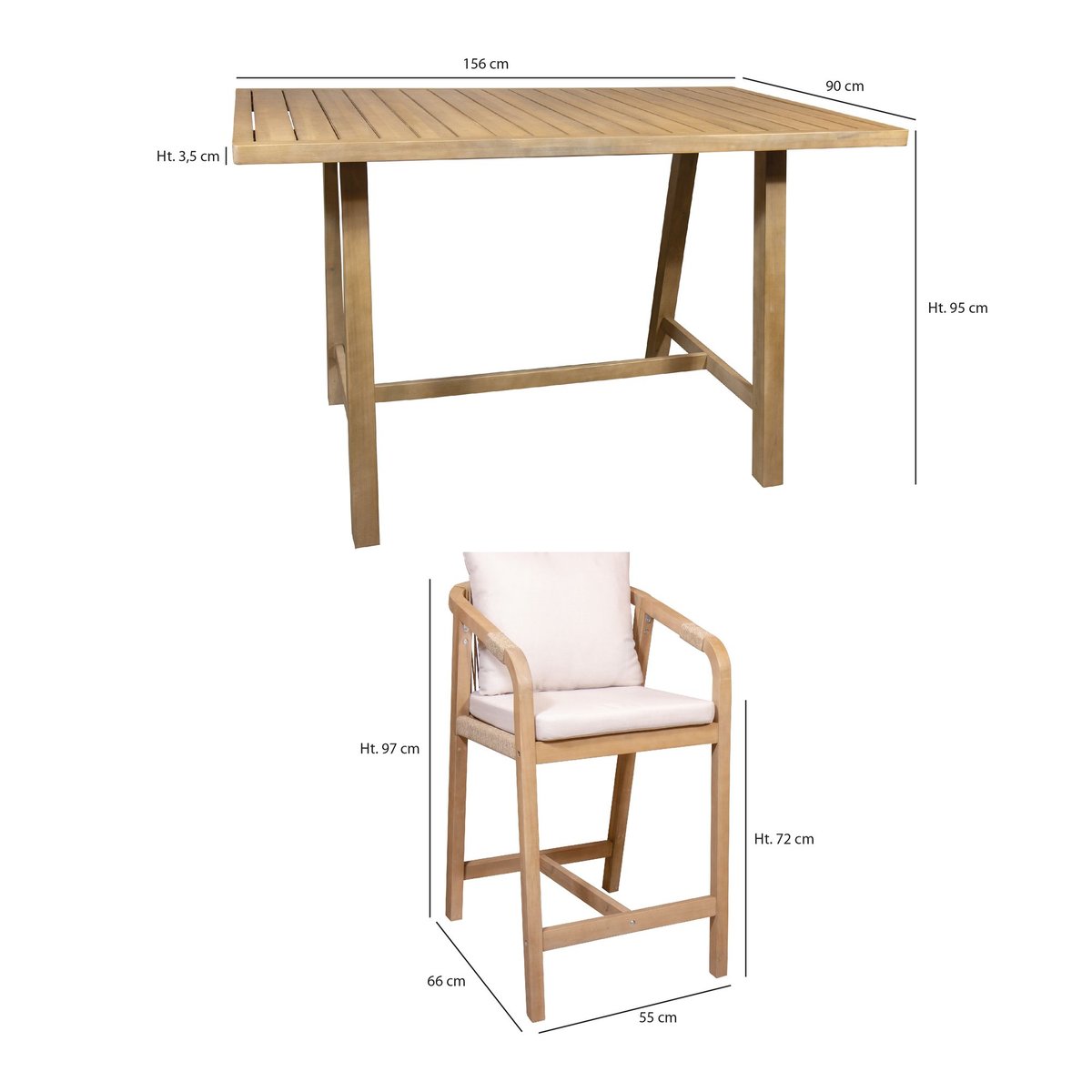 Ensemble de bar table haute et 4 chaises en bois d'acacia, SAONA bois d'acacia, NOW'S HOME