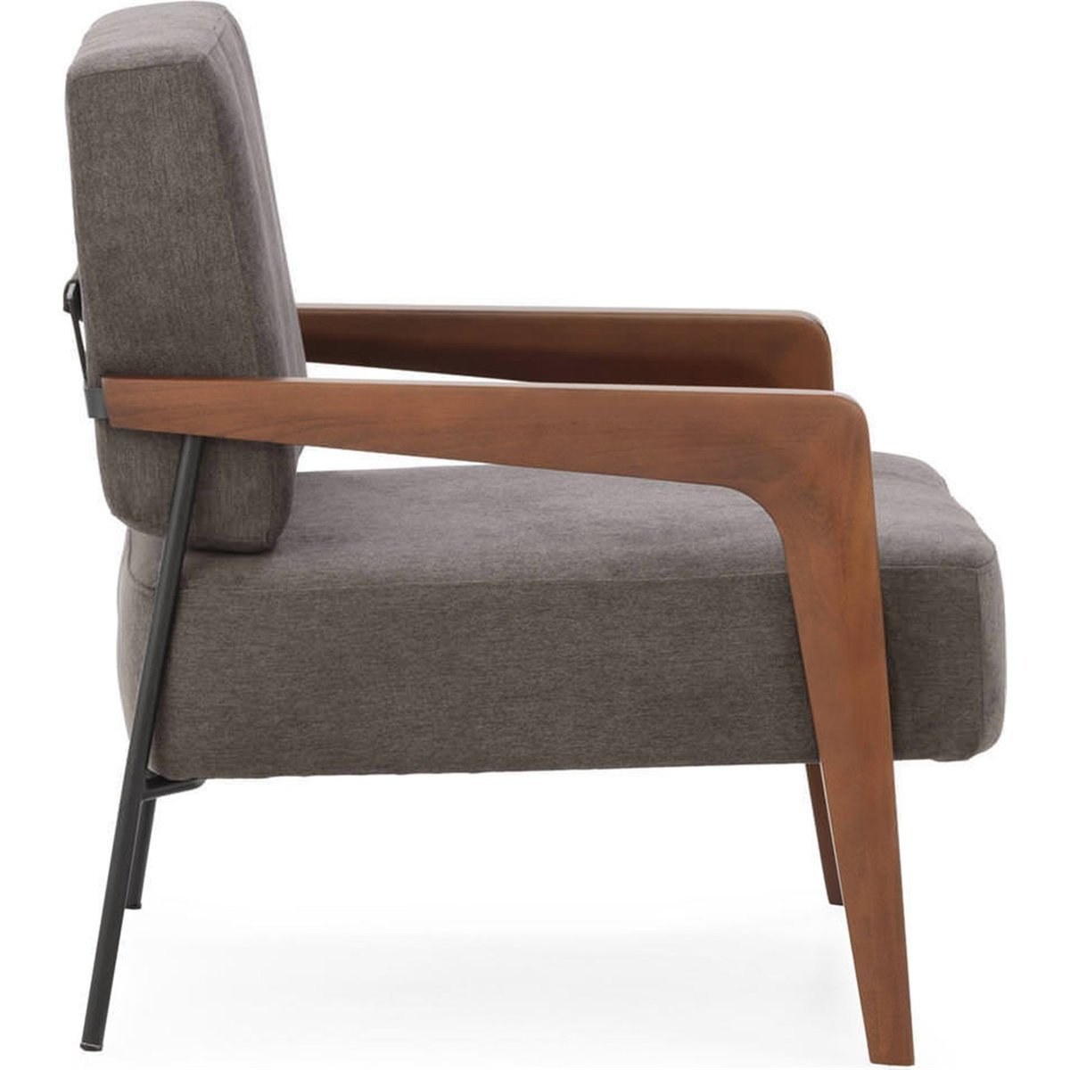 Fauteuil vintage en tissu et bois de hêtre noyer, noir et gris foncé, RECOLLECTION