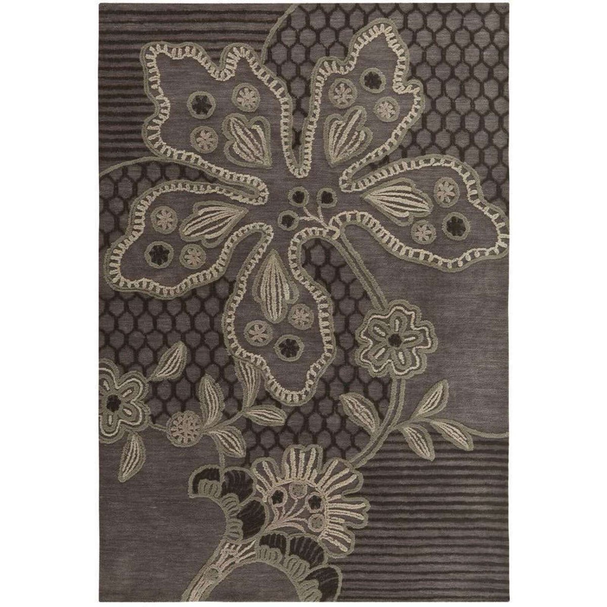 Tapis rectangulaire tufté main motif fleuri marron, beige, ARTE ESPINA