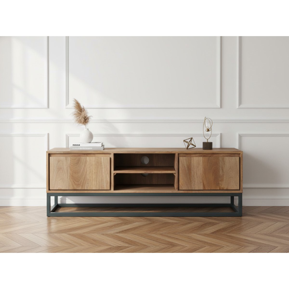 Meuble TV 140 cm bois massif, BERGERAC marron clair, BOBOCHIC