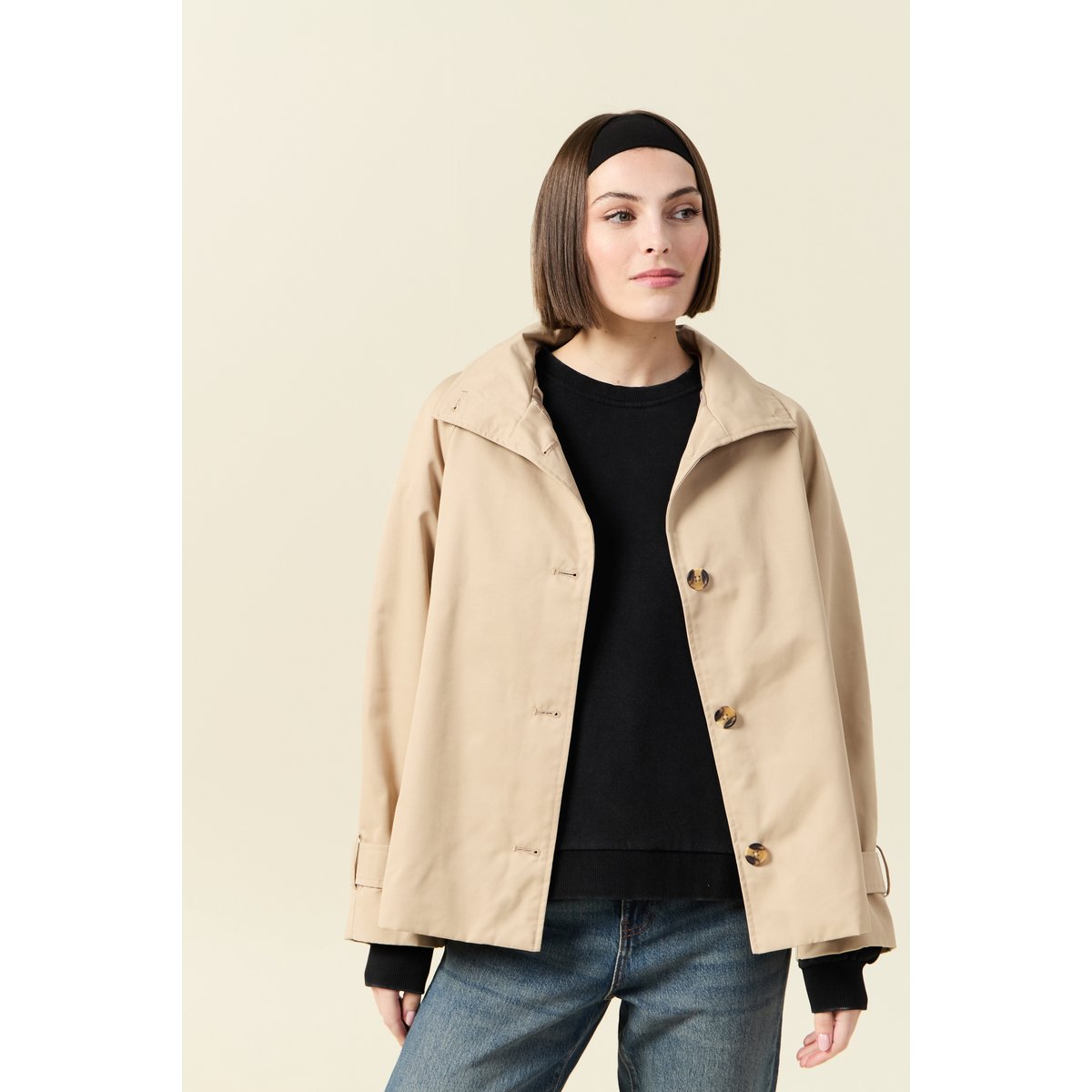 Trench droit court col montant beige, BONOBO