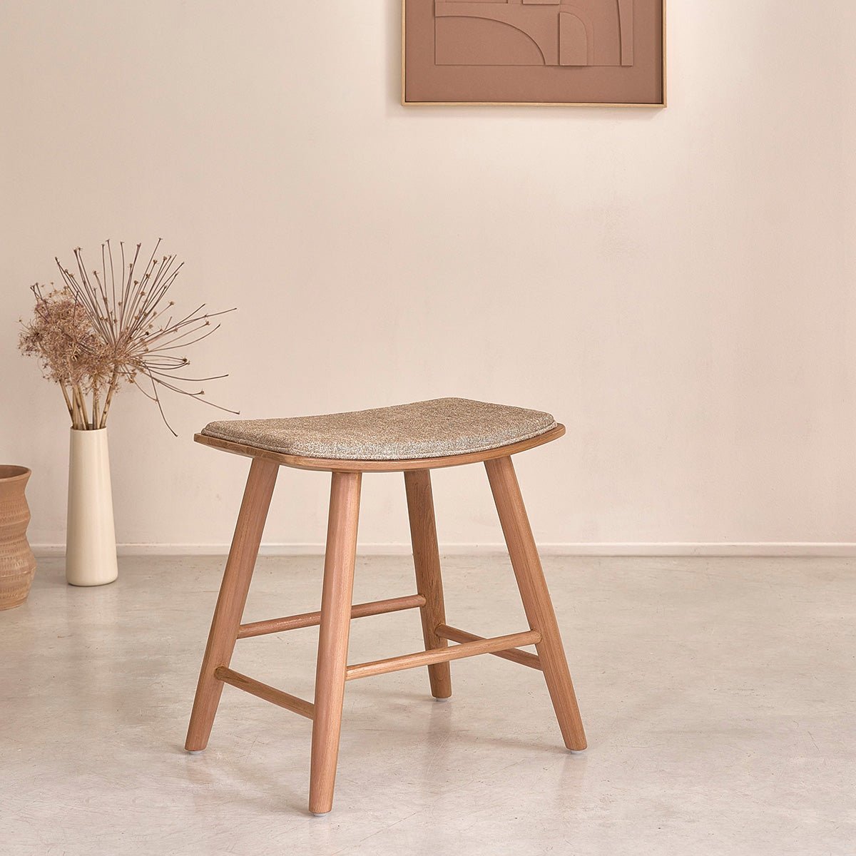 Lot de 2 tabourets en teck massif et velours AMBRE grege, BERAH GETAH
