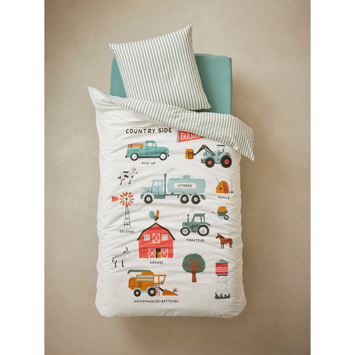 Parure housse de couette et taie d'oreiller avec coton recyclé MOISSON blanc imprimé, VERTBAUDET