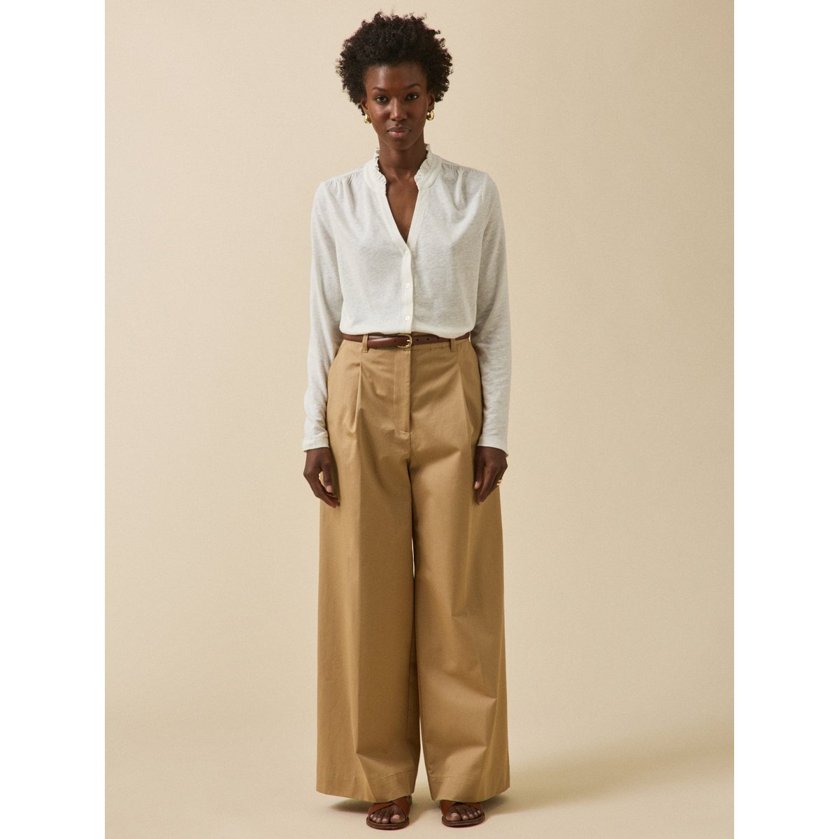 T-shirt boutonné lin et viscose ecru, CYRILLUS