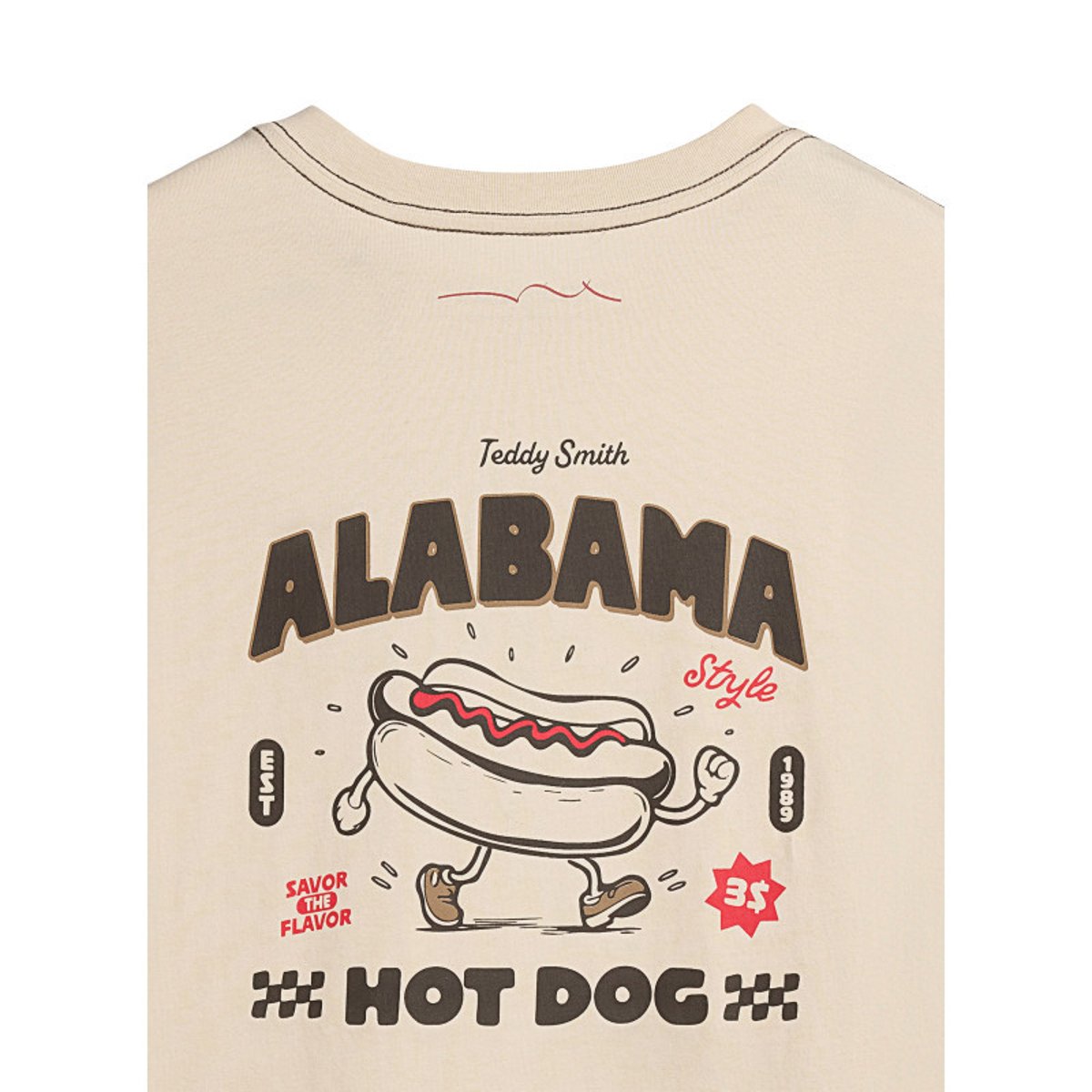 T-shirt en coton beige à col rond imprimé hot dog à la poitrine et au dos beige, TEDDY SMITH