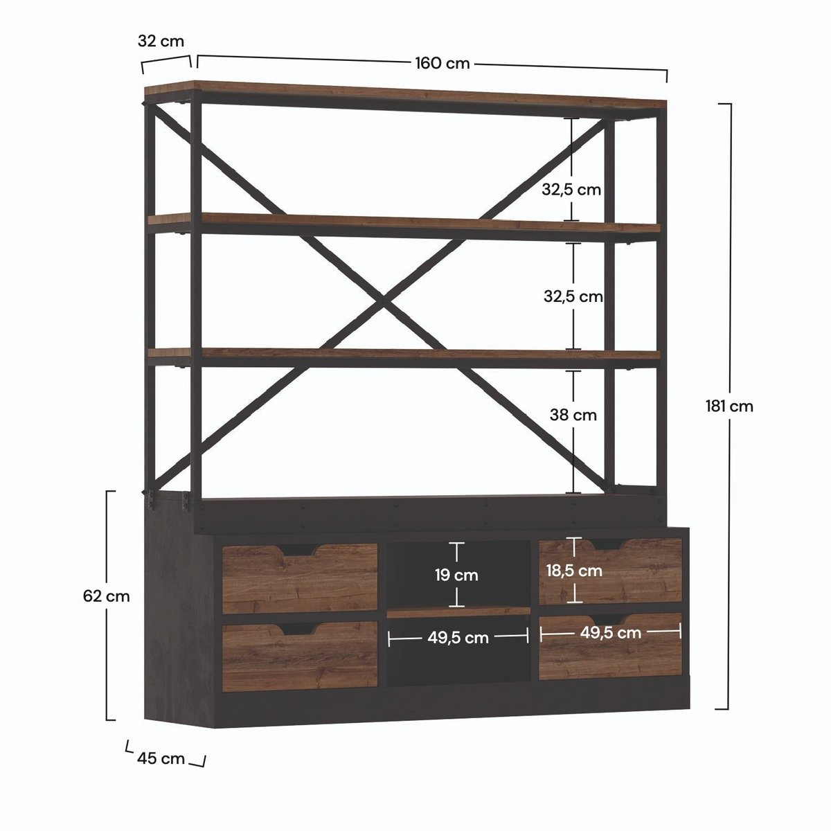 Bibliothèque 160 cm en bois et métal - GOA bois foncé et noir, MAISON PAVANE